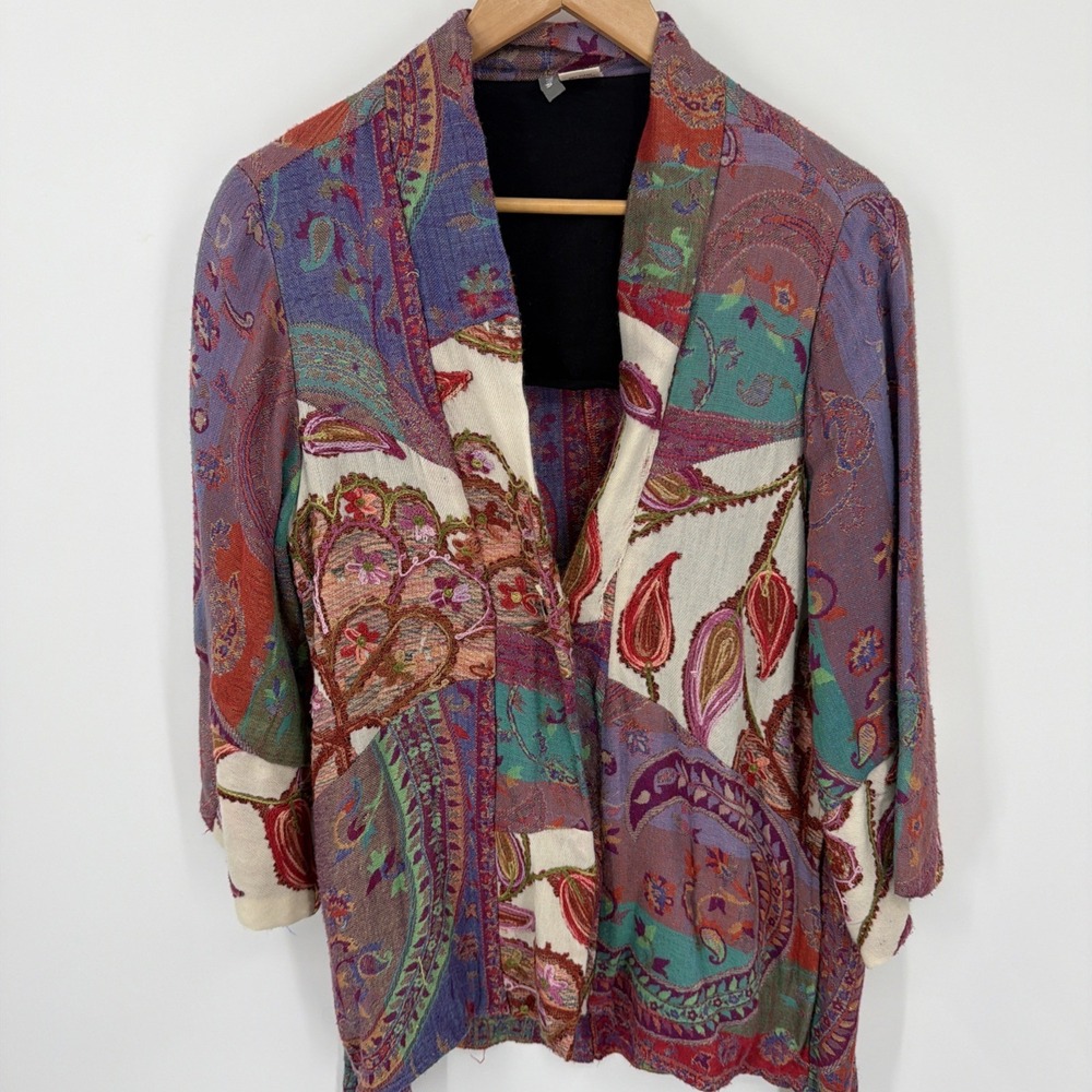 ANU Sz M Embroidered Kimono Jacket Textured Floral Paisley Cardigan Wearable Art